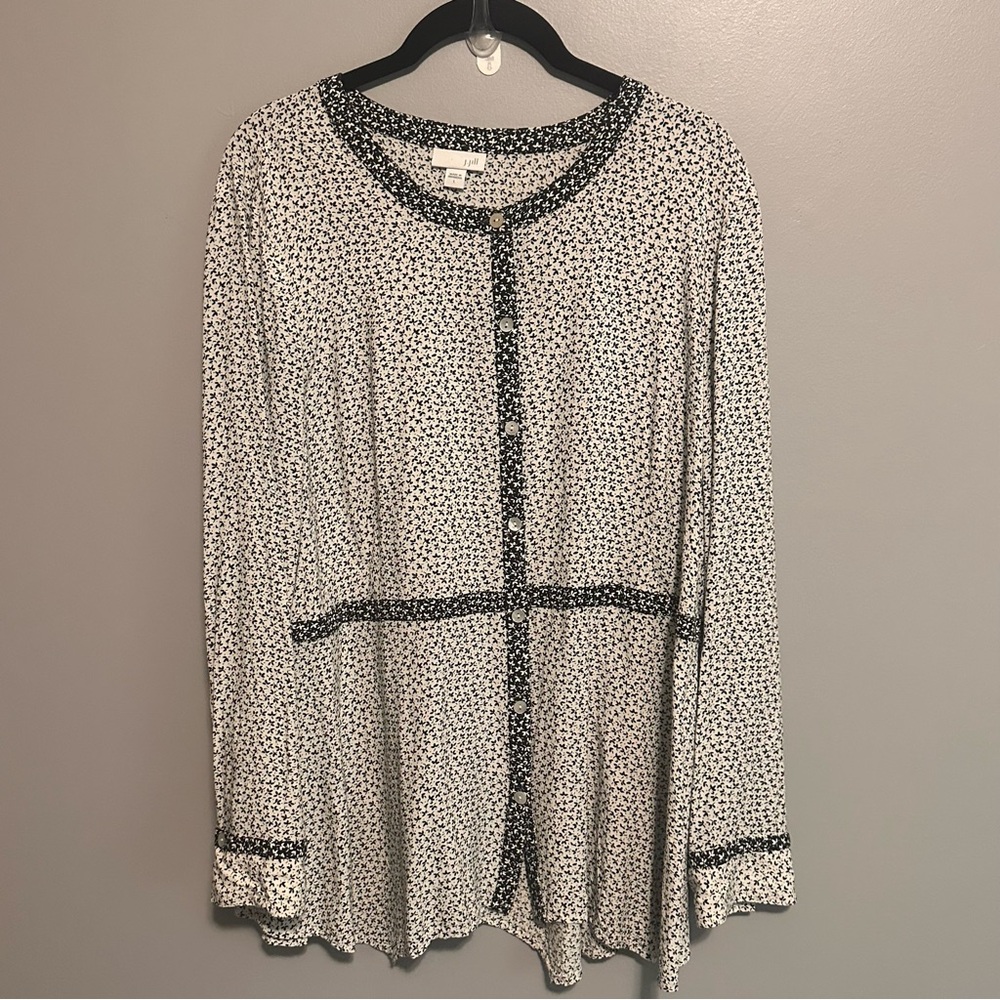 J Jill Women's Black White Floral Ditsy Collarless Button-Up Shirt Large